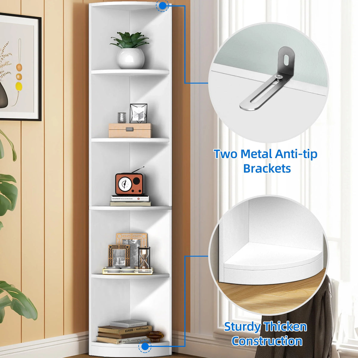 5 Tier White Corner Bookcase Z330