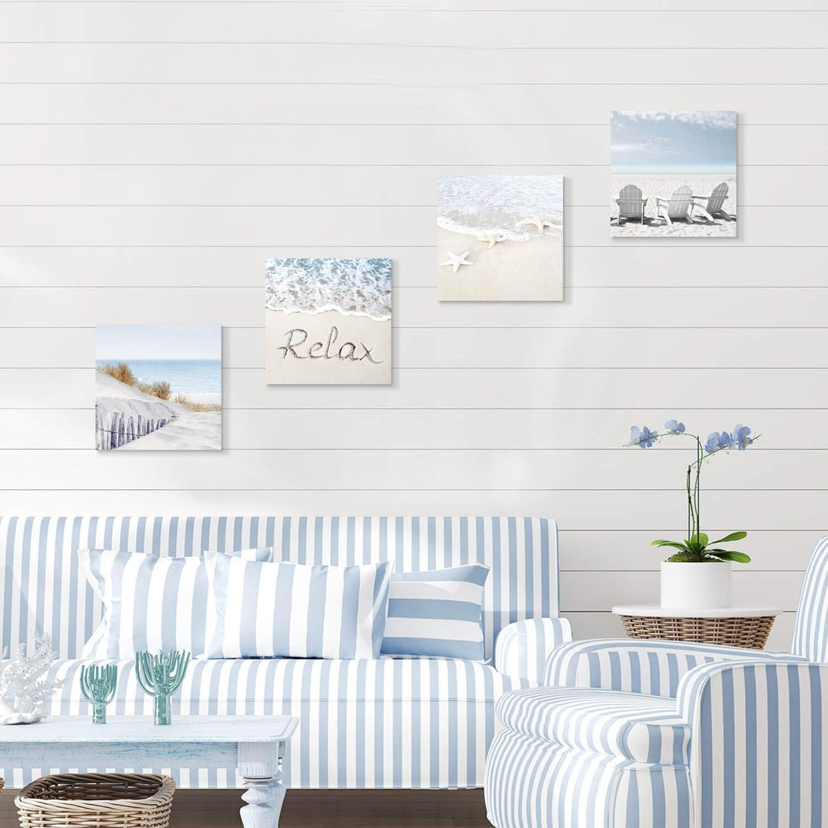 Beach Wall Art Starfish Chairs on Sand Canvas 12” x 12'' 4 Panels D164821