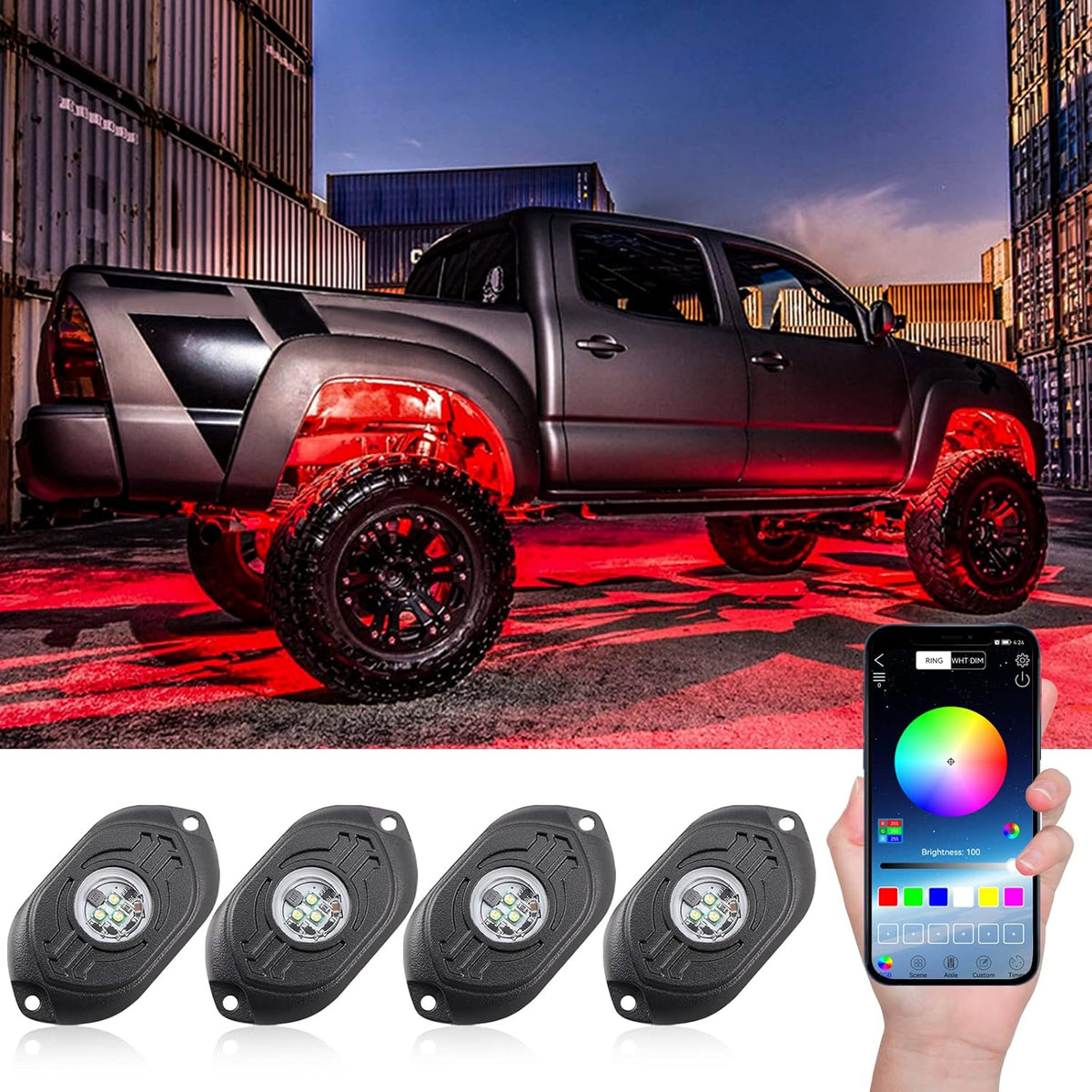RGB LED Rock Lights 4 Pods Multicolor Waterproof Underglow Kit A9992