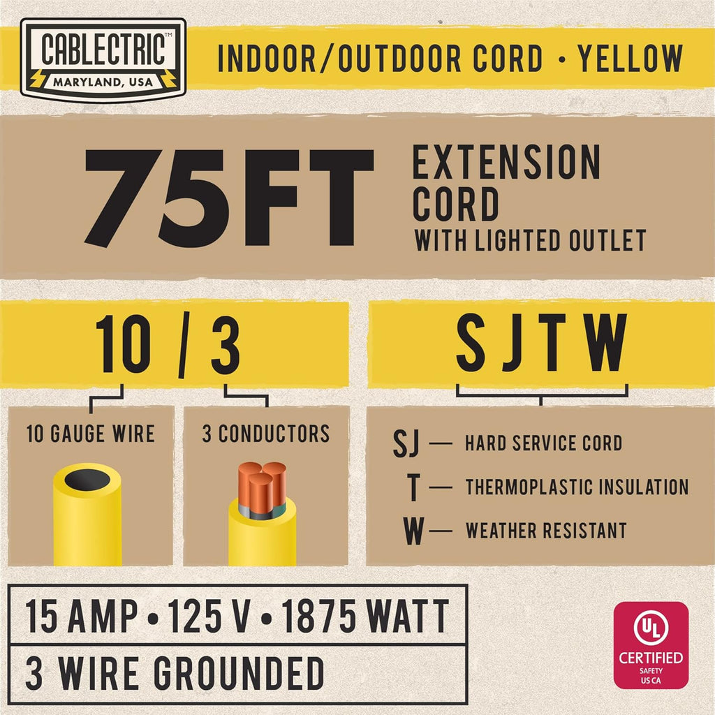 75 Ft 10 Gauge Yellow Heavy Duty Extension Cord V1900