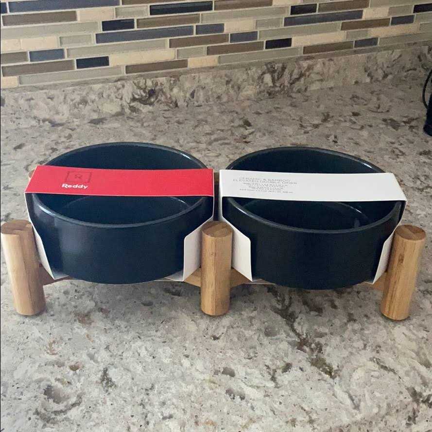 Black Ceramic Elevated Double Diner Pet Bowl T9974