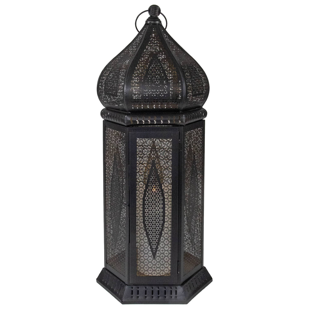 Black and Gold Cut-Out Pillar Candle Lantern C35744