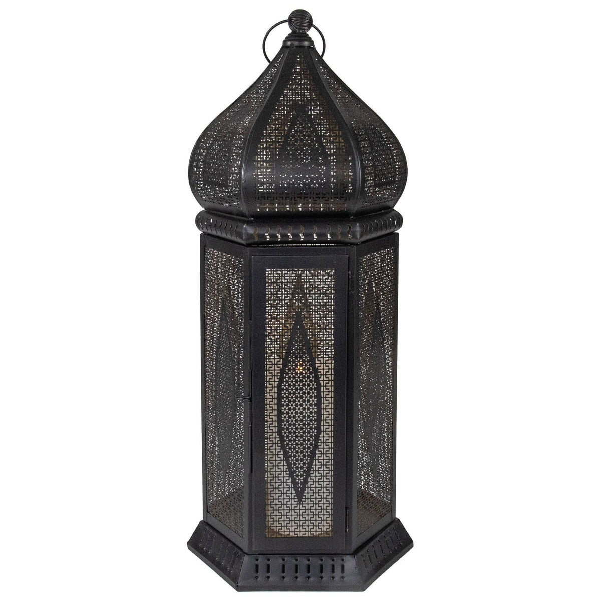 Black and Gold Cut-Out Pillar Candle Lantern C35744