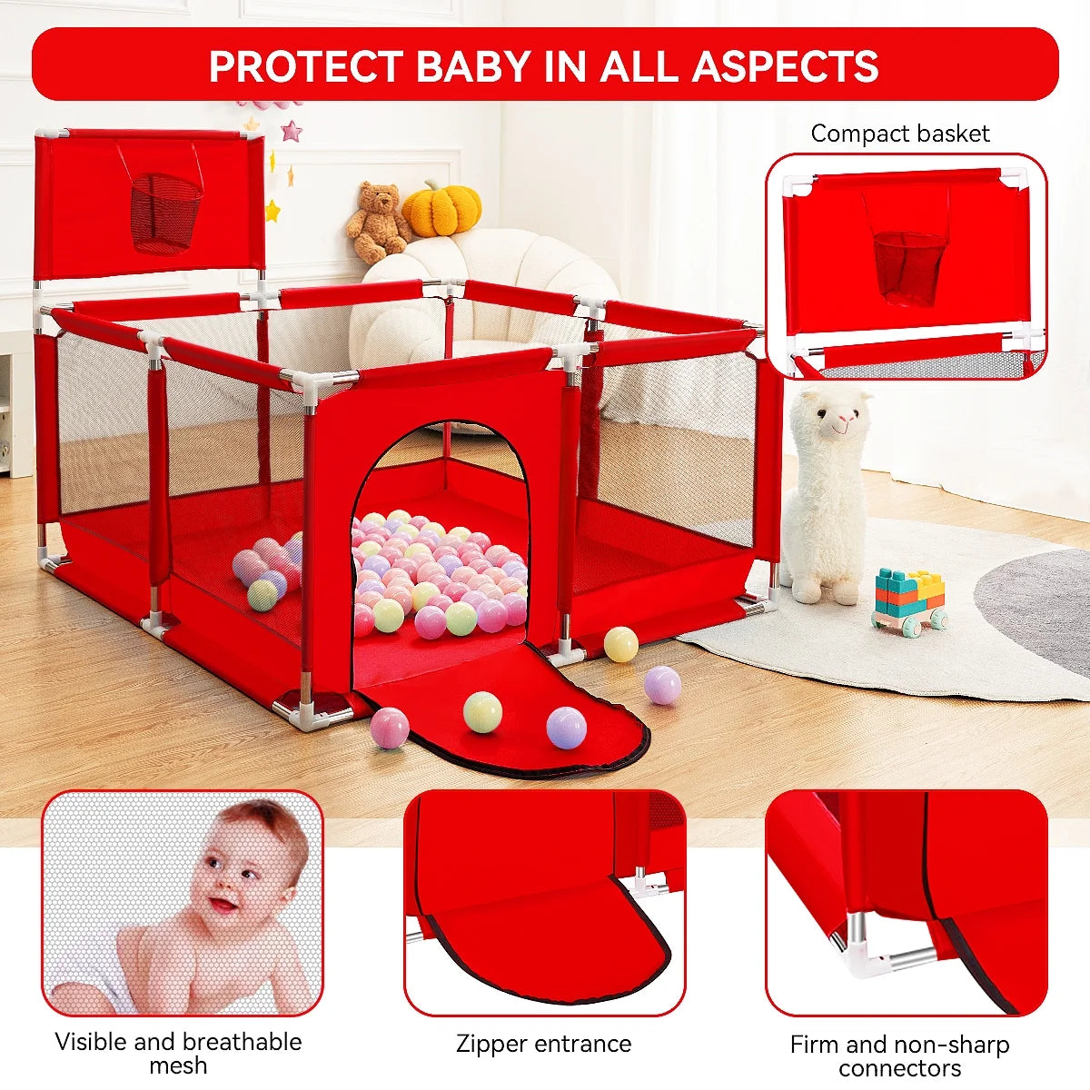 Portable 4-Panel Baby Playpen with Basketball Hoop Z765703