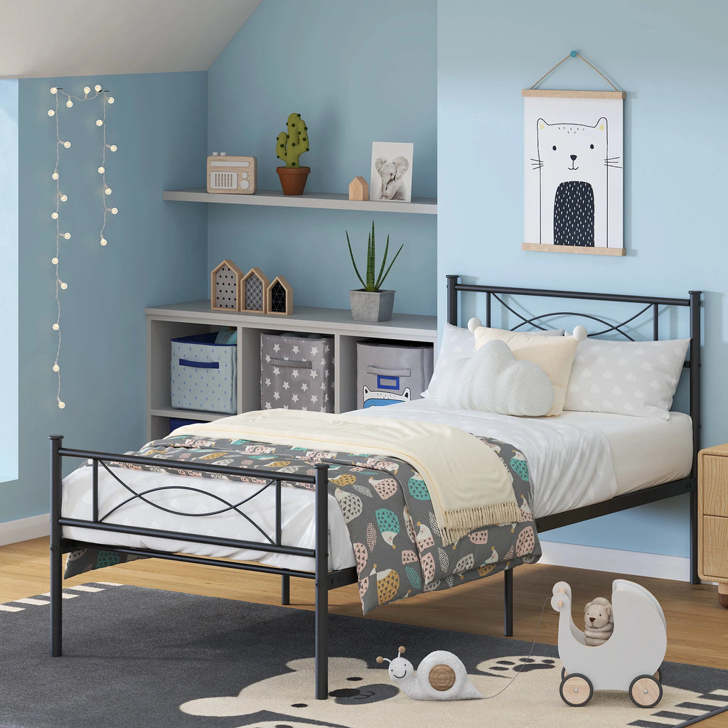 White Twin Size Metal Platform Bed Frame with Headboard A7945