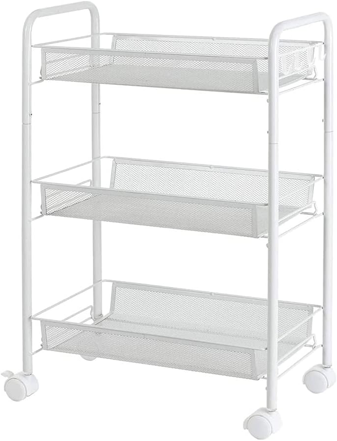3 Tier Metal Rolling Utility Cart with Lockable Wheels, White V82838