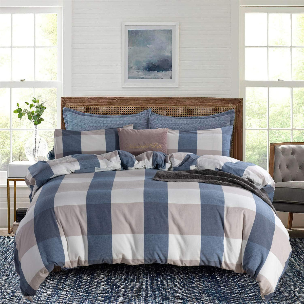 Blue Cotton Geometric Queen Duvet Cover Set Z93076