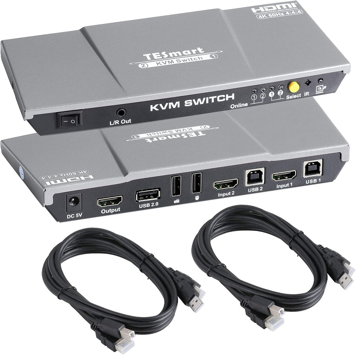 2 Port HDMI KVM Switch 2x1 USB 2.0 4K@60Hz with 2 Pcs 5ft KVM Cables Black L707801