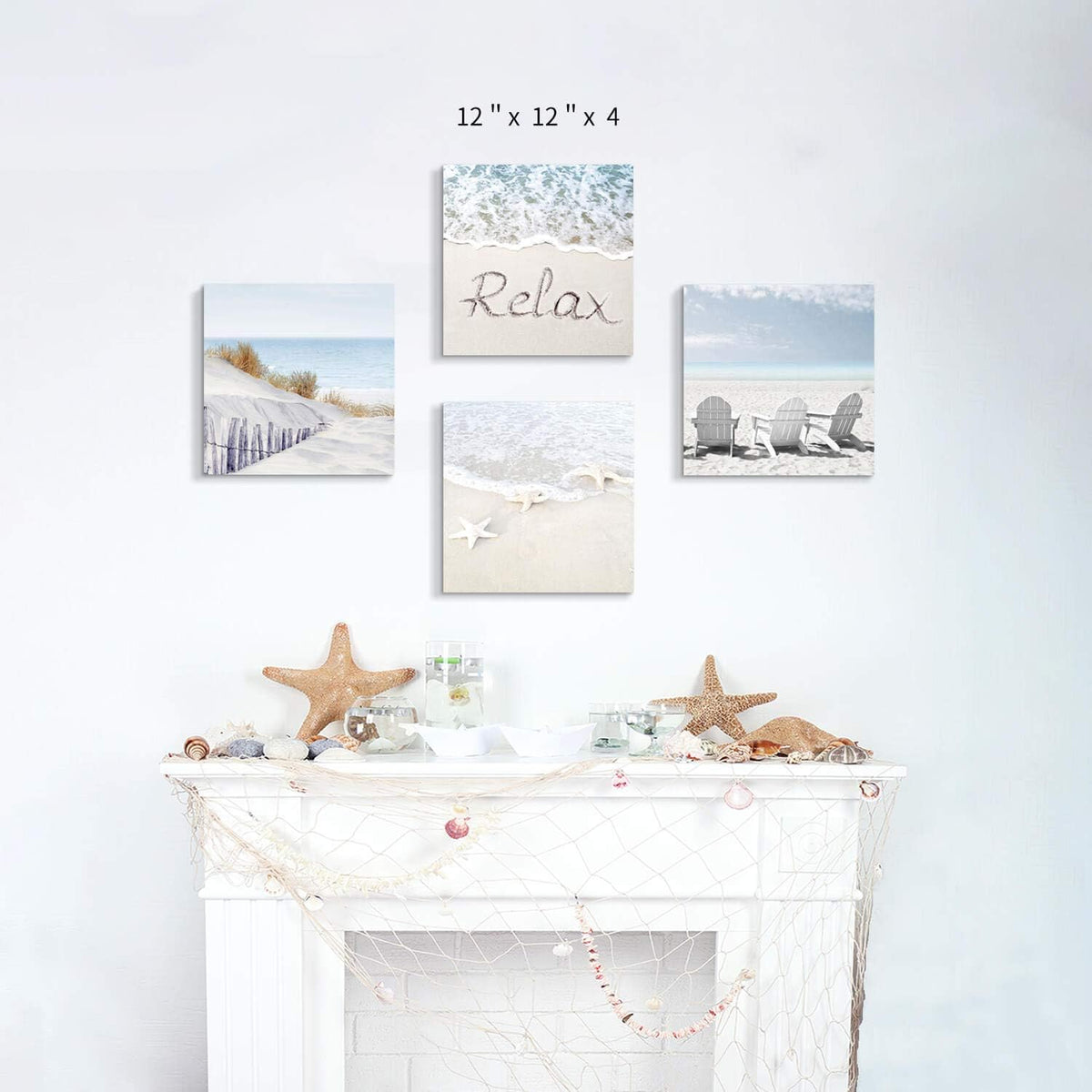 Beach Wall Art Starfish Chairs on Sand Canvas 12” x 12'' 4 Panels D164821