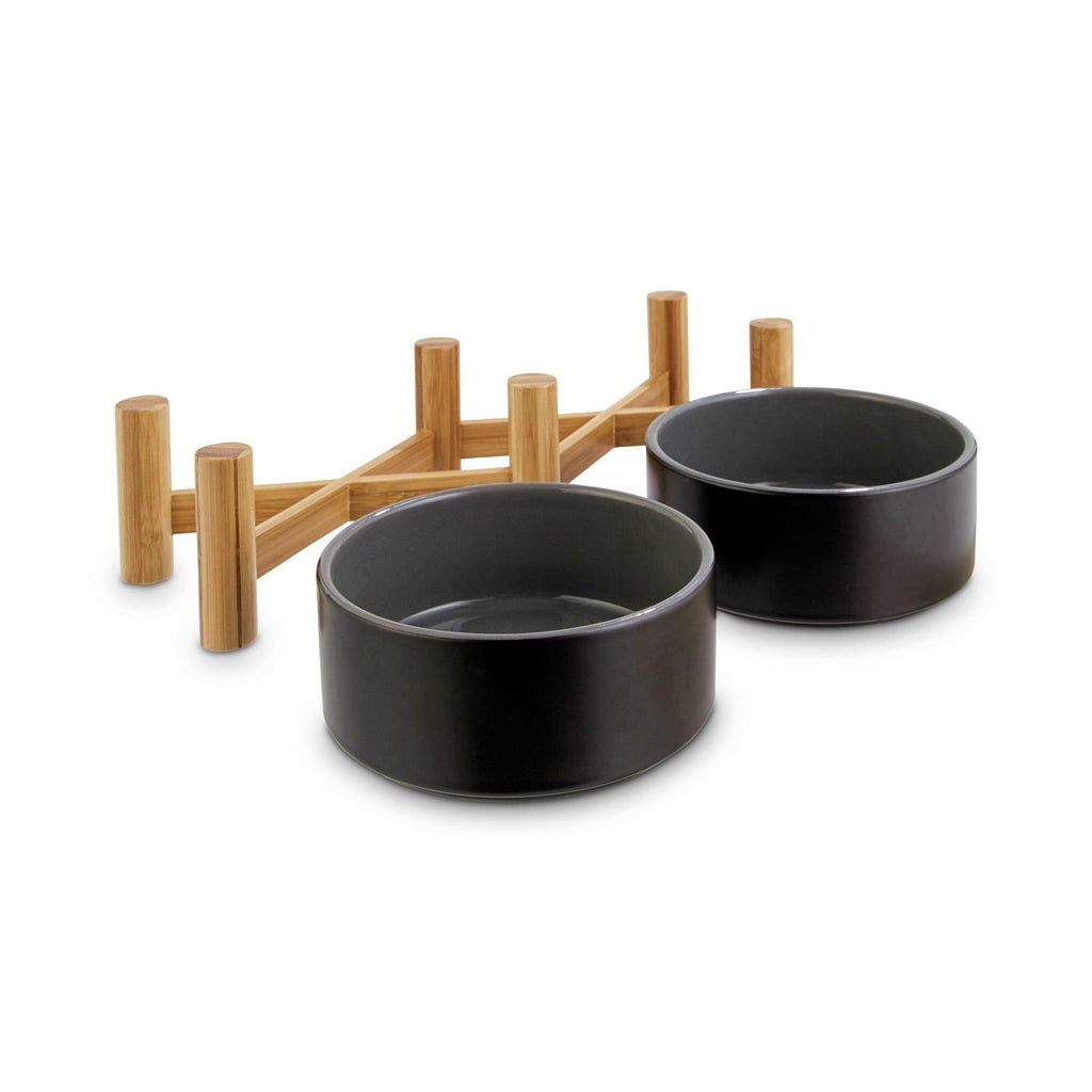 Black Ceramic Elevated Double Diner Pet Bowl T9974