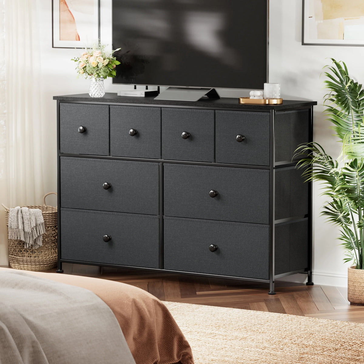 8 Drawer Fabric Dresser with Steel Frame and Wooden Top S635