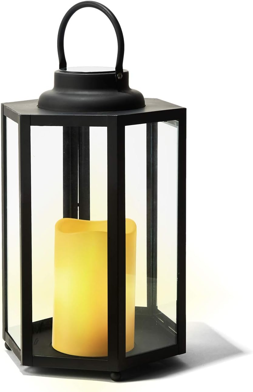 14 Inch Black Metal Glass Waterproof Solar Outdoor Lantern Q401