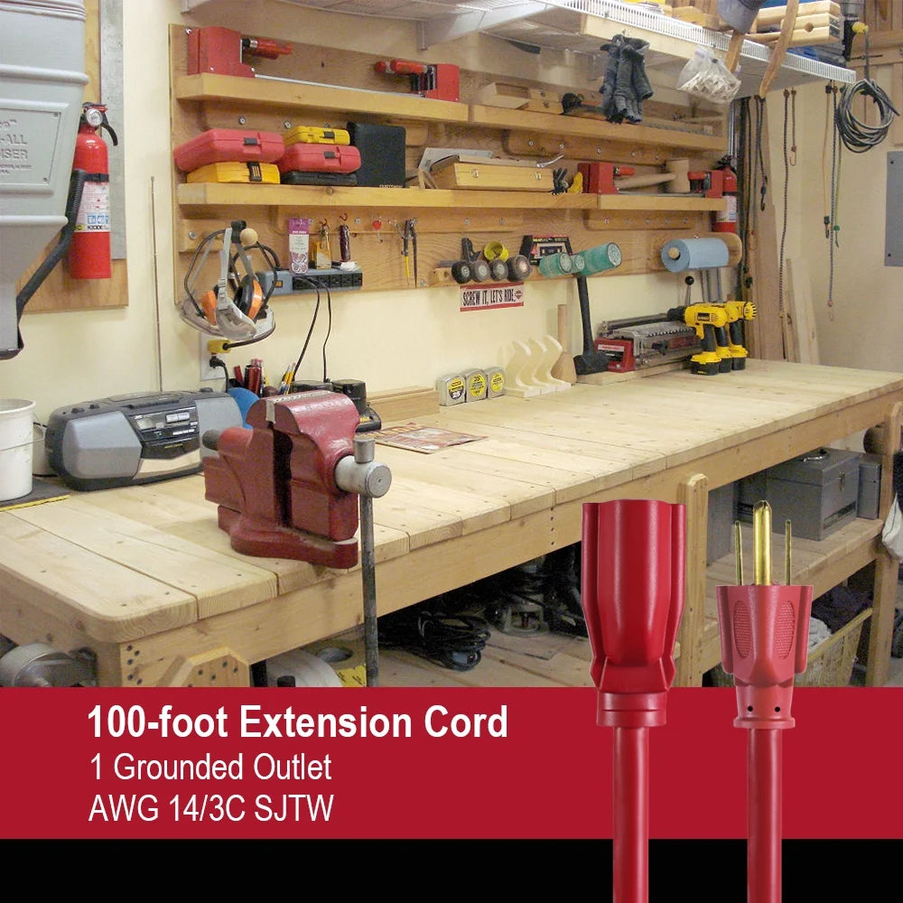 100FT 14AWG 3 Prong Red Extension Cord N466