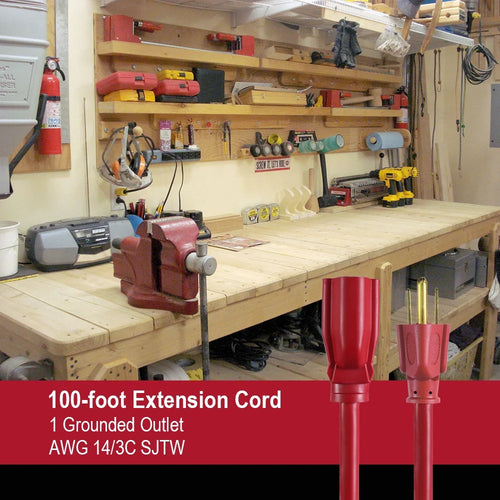 100FT 14AWG 3 Prong Red Extension Cord N466