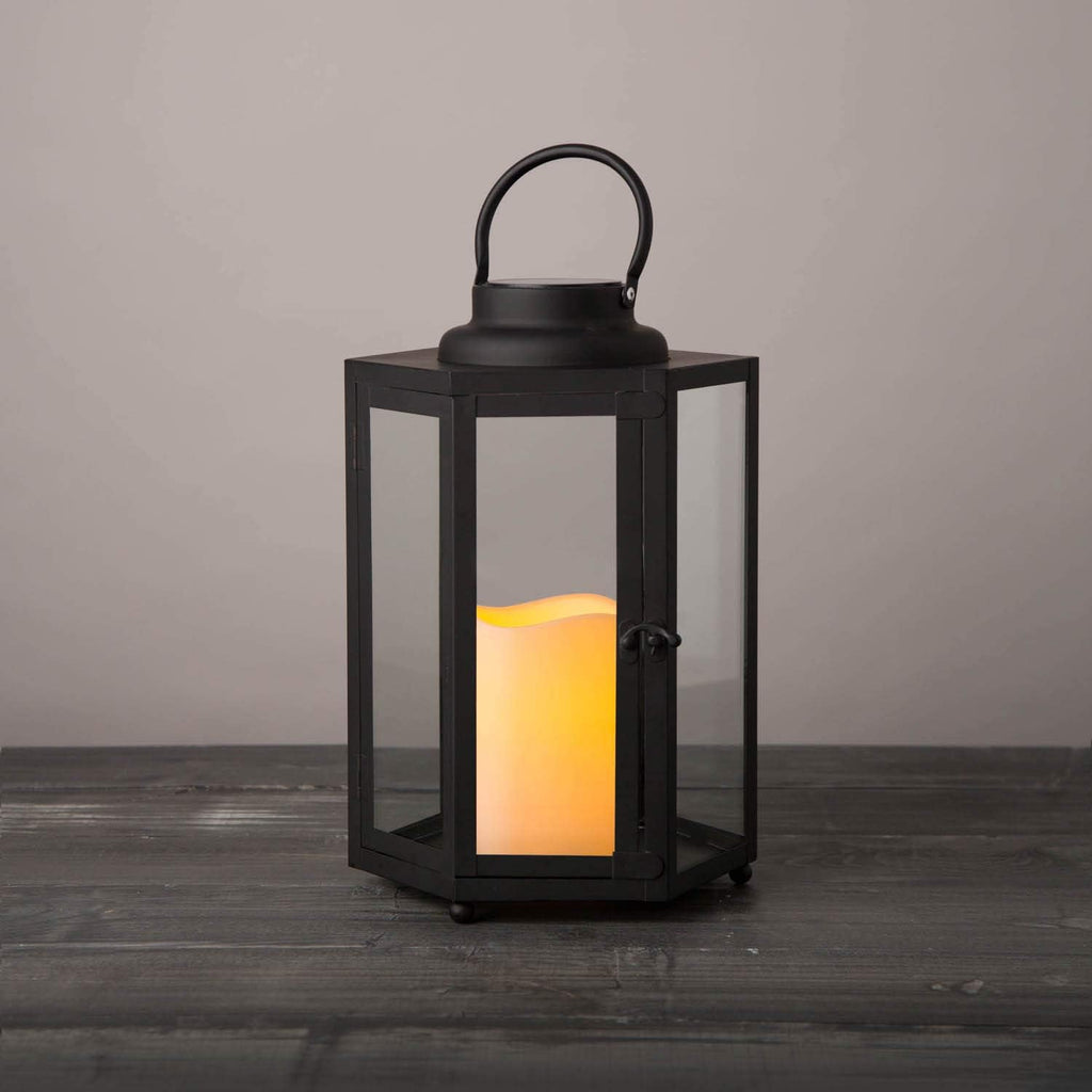 14 Inch Black Metal Glass Waterproof Solar Outdoor Lantern Q401