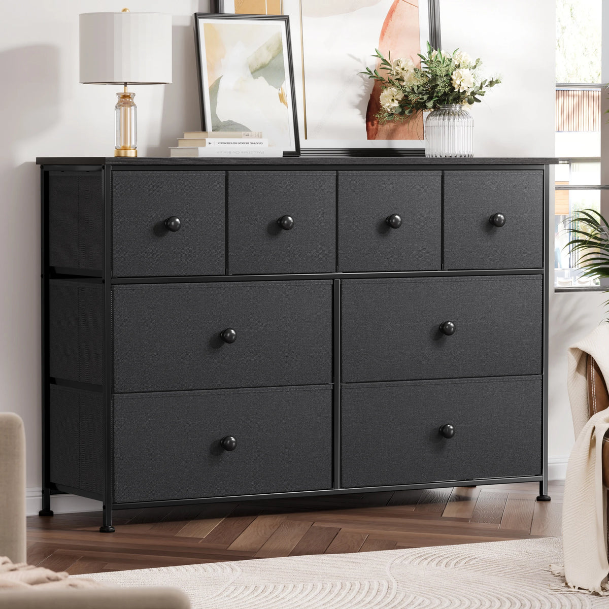 8 Drawer Fabric Dresser with Steel Frame and Wooden Top S635