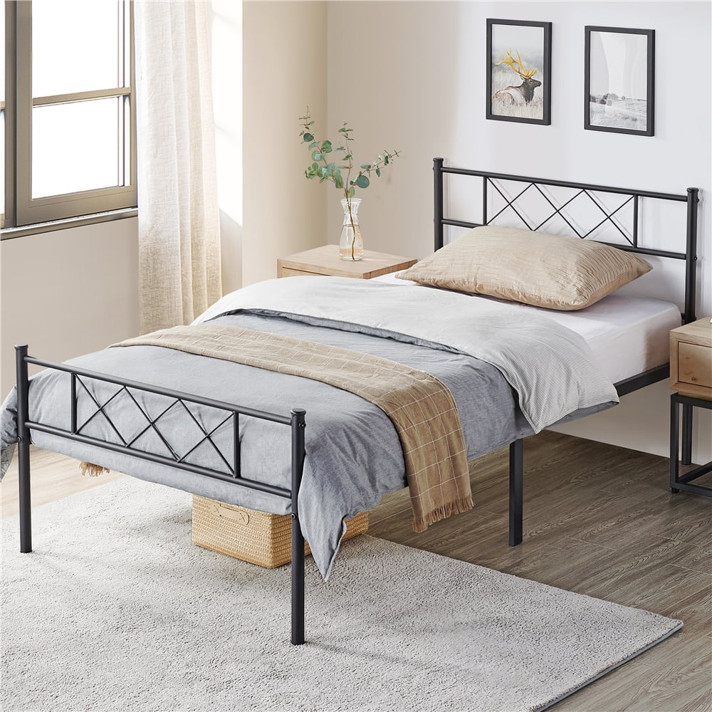 Black Twin Metal Slatted Bed Frame with Headboard Footboard S724