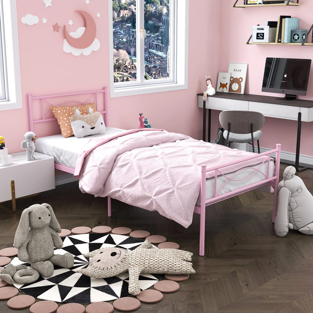 White Twin Size Metal Platform Bed Frame with Headboard A7945