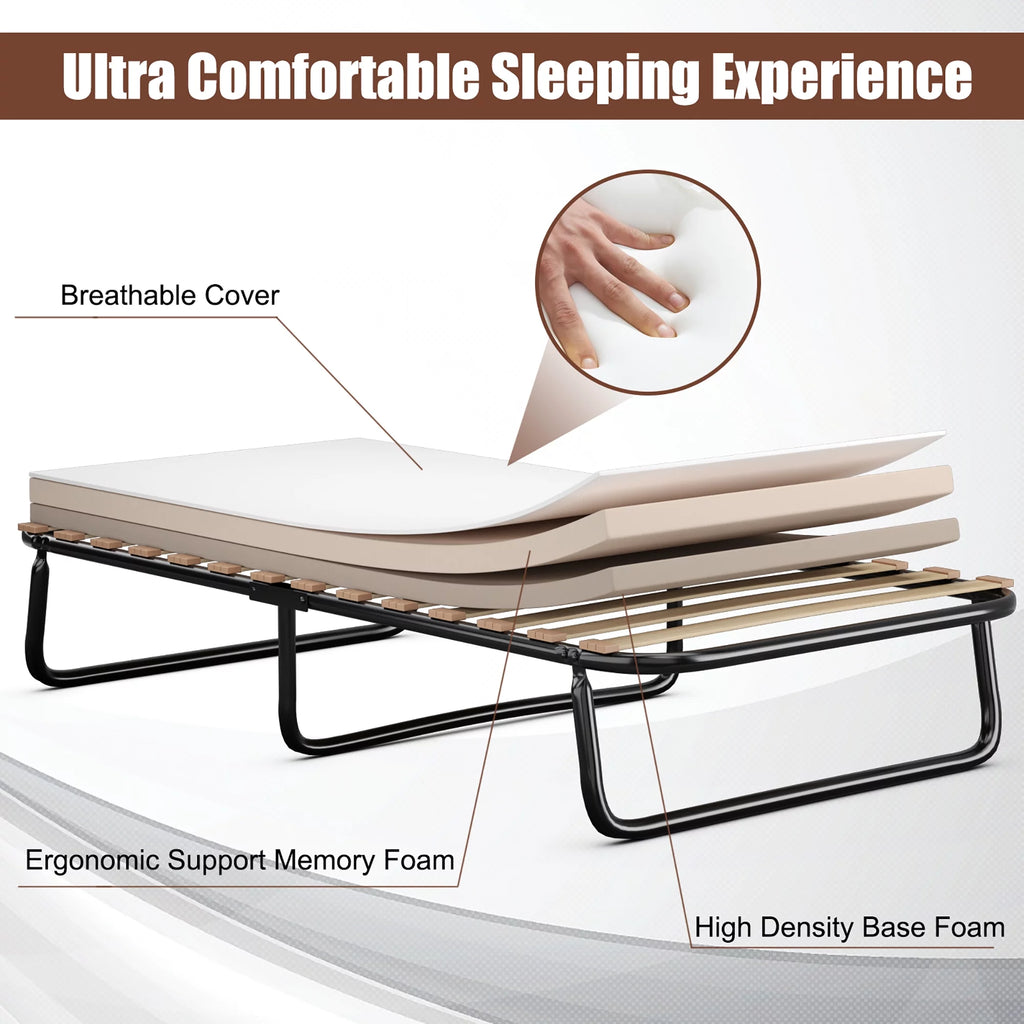 Portable Folding Guest Bed Cot with Memory Foam Mattress Twin Size J1847