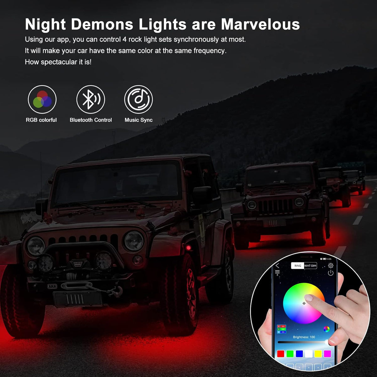 RGB LED Rock Lights 4 Pods Multicolor Waterproof Underglow Kit A9992