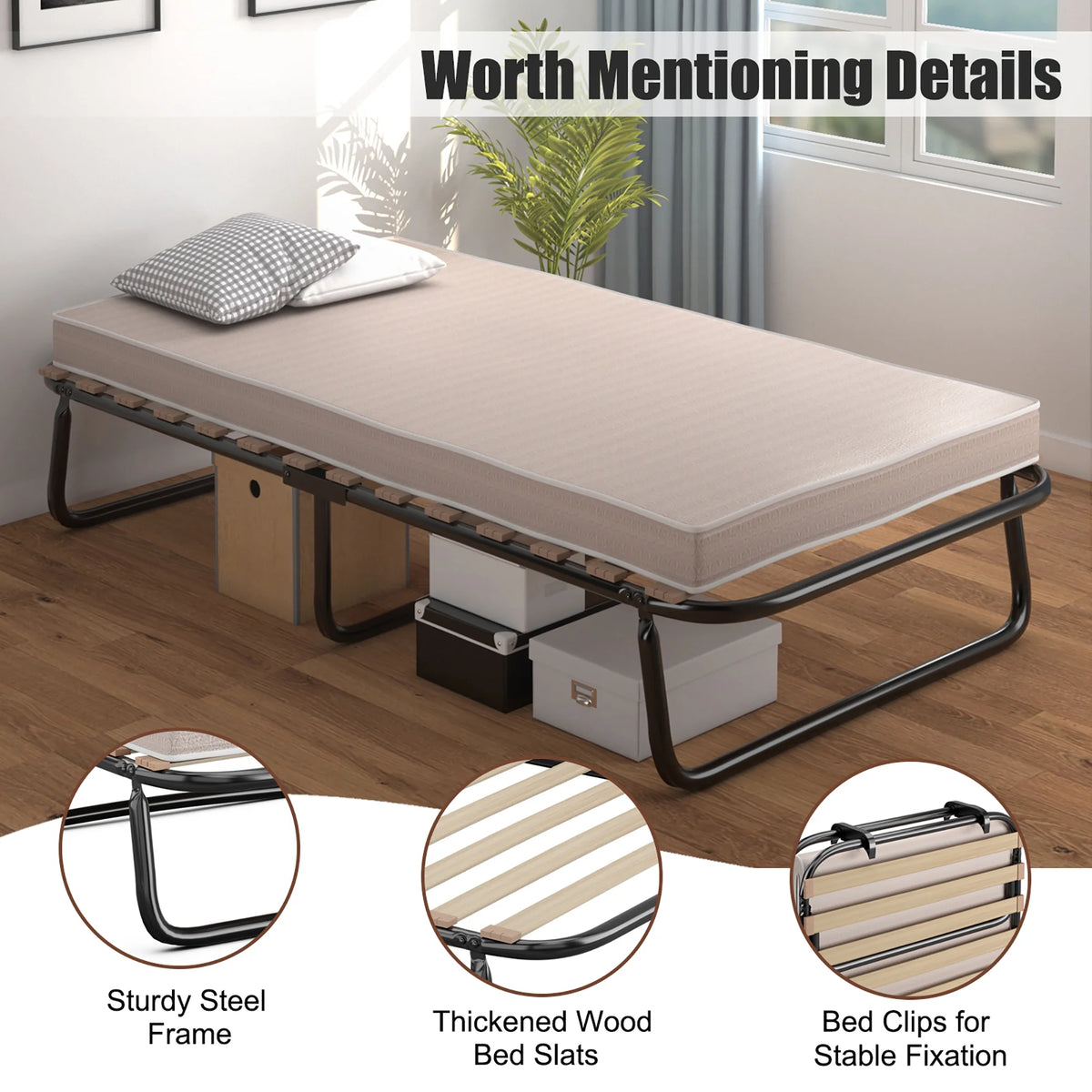 Portable Folding Guest Bed Cot with Memory Foam Mattress Twin Size J1847