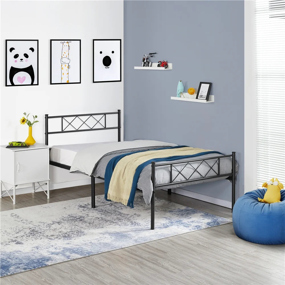Black Twin Metal Slatted Bed Frame with Headboard Footboard S724