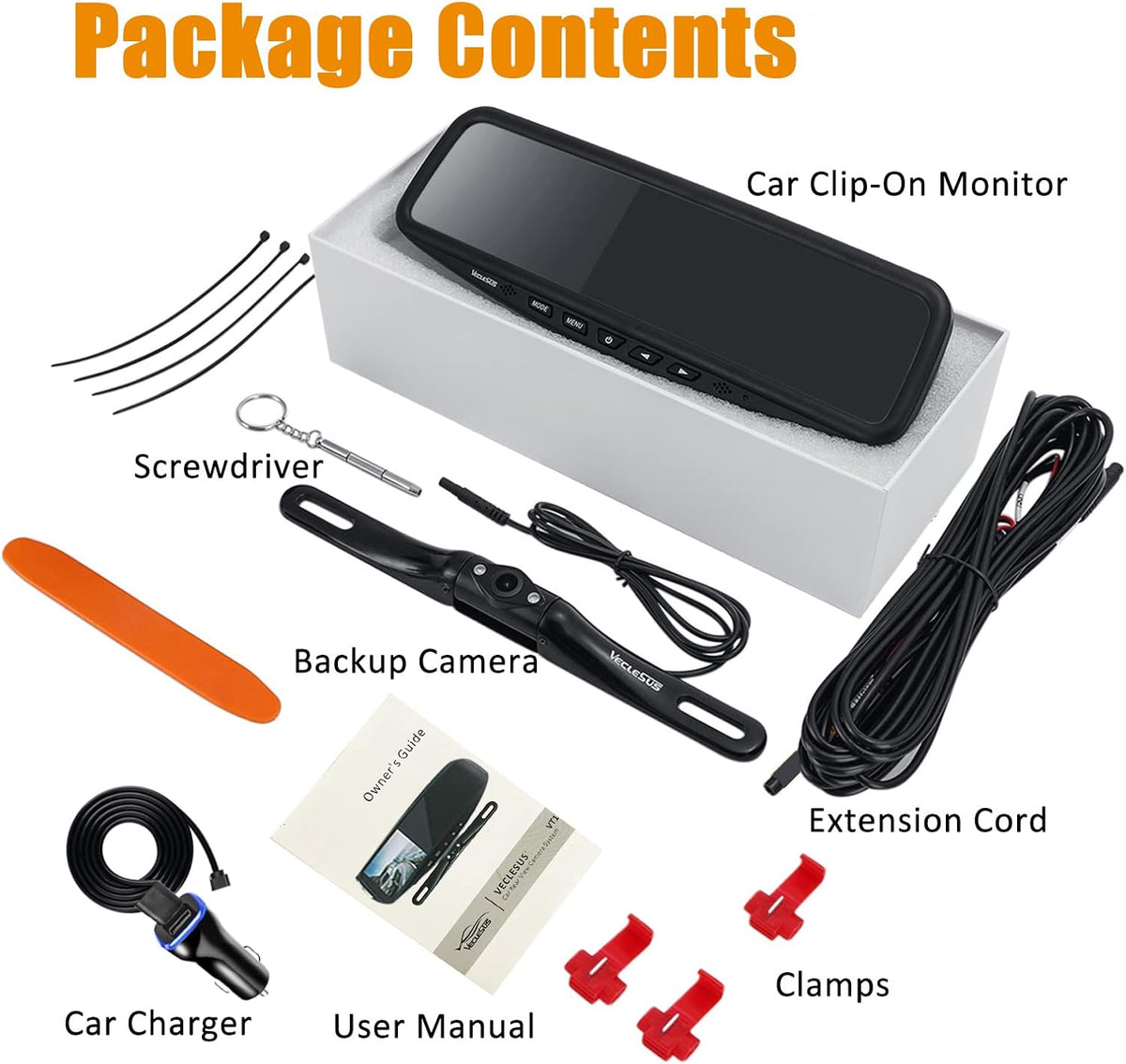 Wired Car Backup Camera Kit with 4.3 in Mirror Clip-on Monitor C117