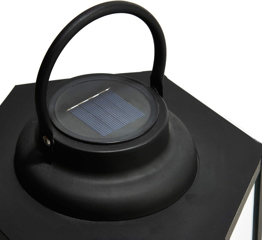 14 Inch Black Metal Glass Waterproof Solar Outdoor Lantern Q401