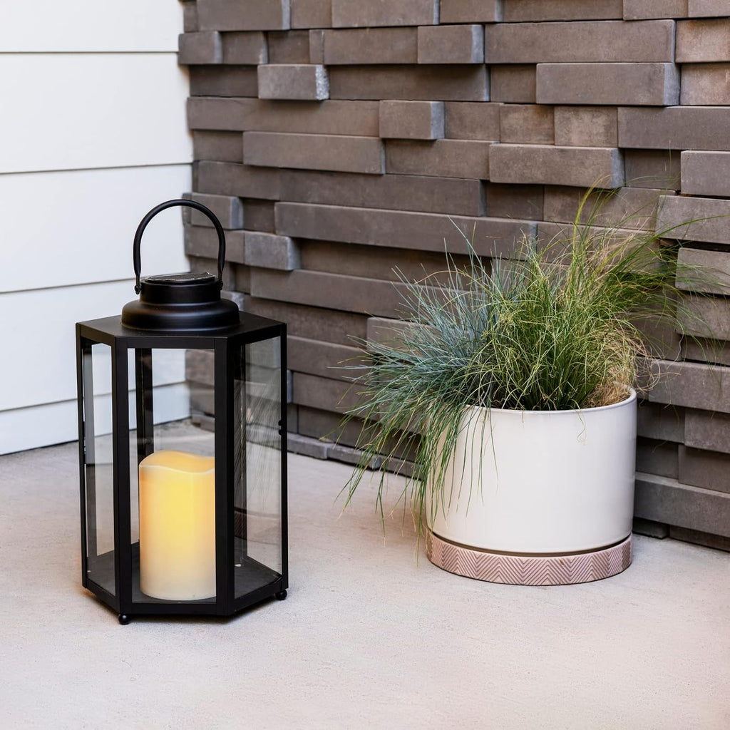 14 Inch Black Metal Glass Waterproof Solar Outdoor Lantern Q401