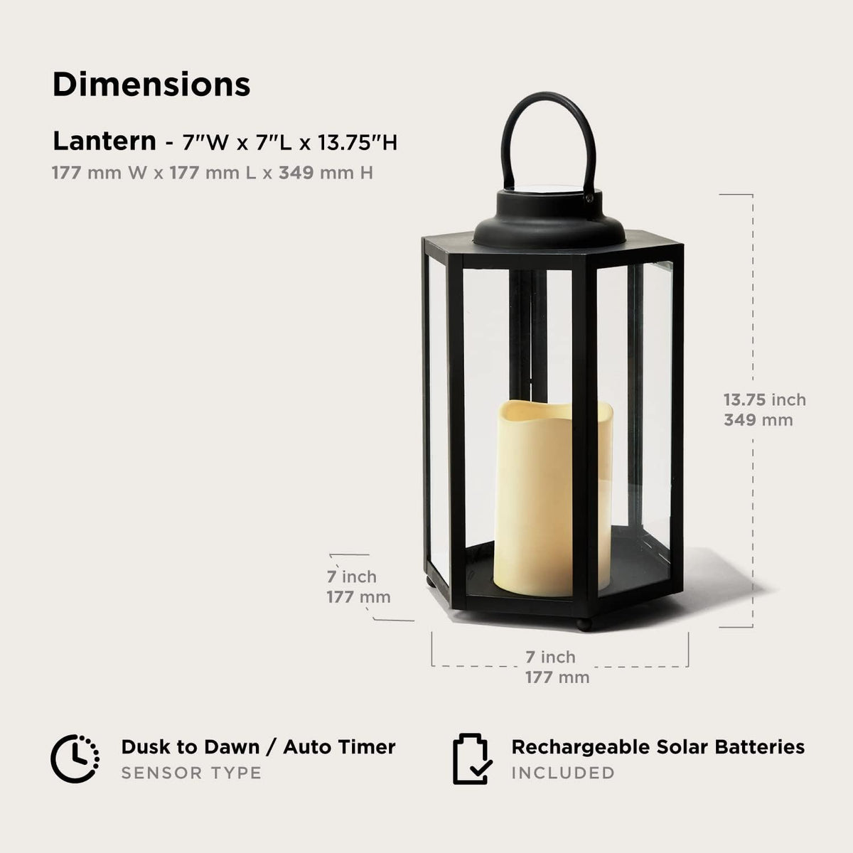 14 Inch Black Metal Glass Waterproof Solar Outdoor Lantern Q401