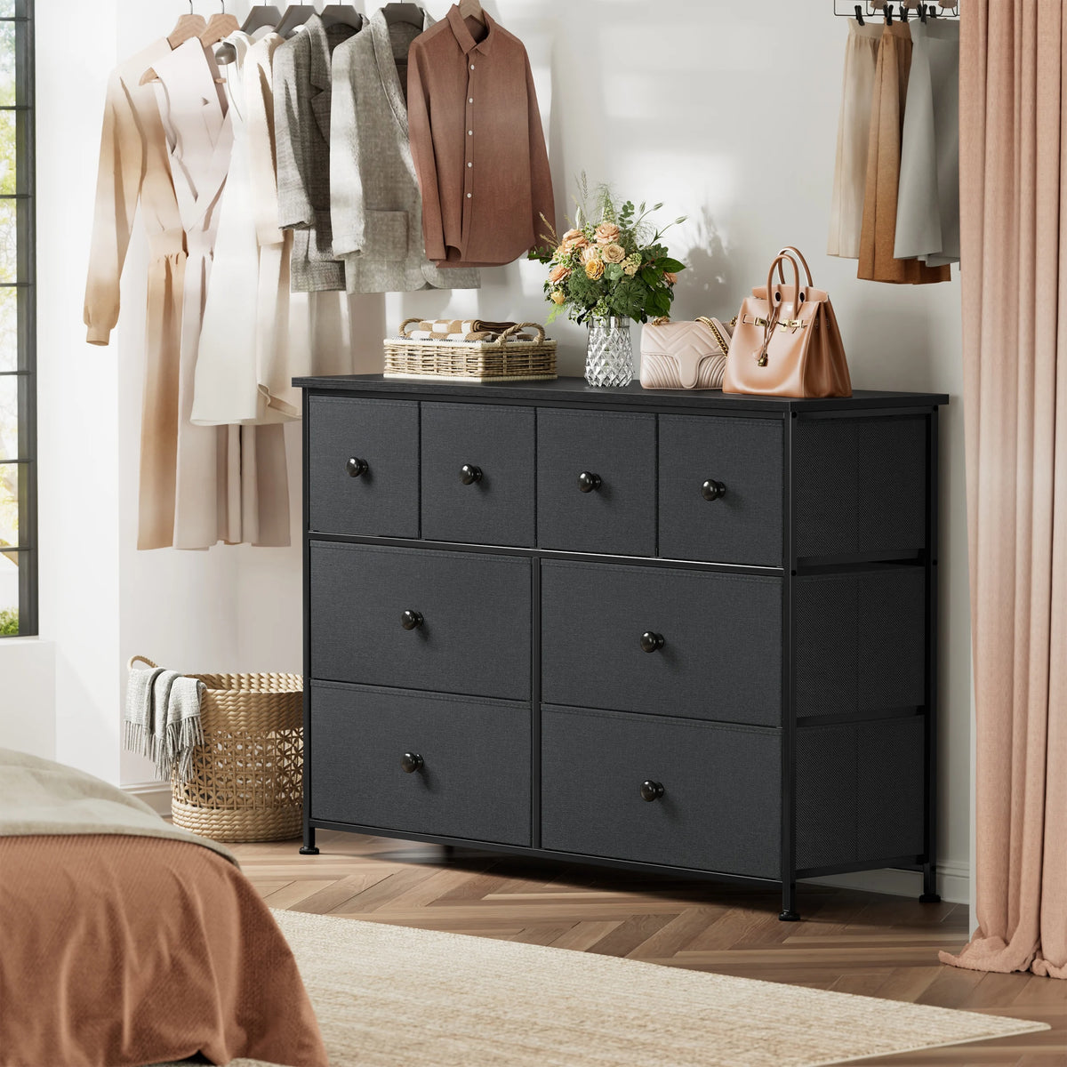 8 Drawer Fabric Dresser with Steel Frame and Wooden Top S635