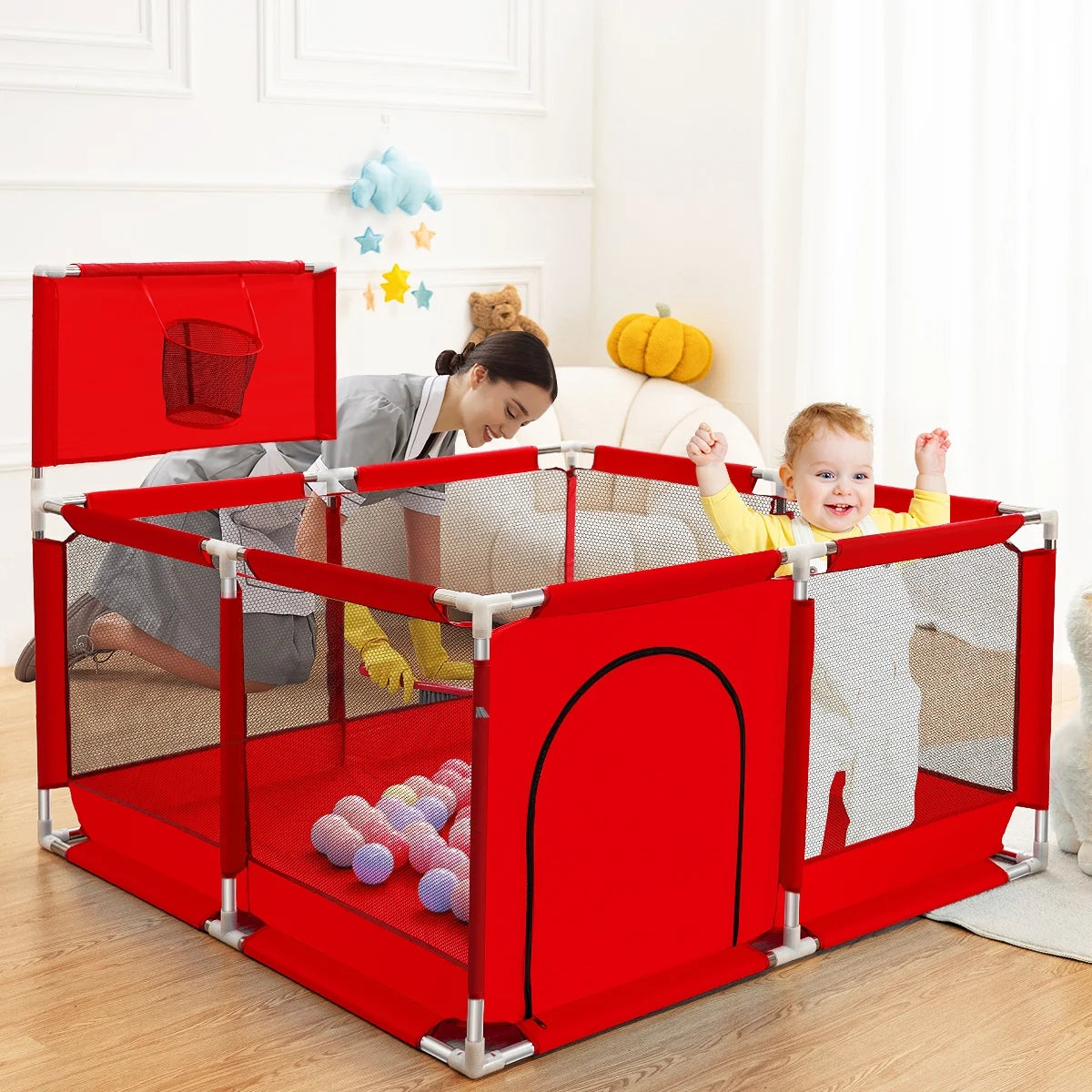 Portable 4-Panel Baby Playpen with Basketball Hoop Z765703