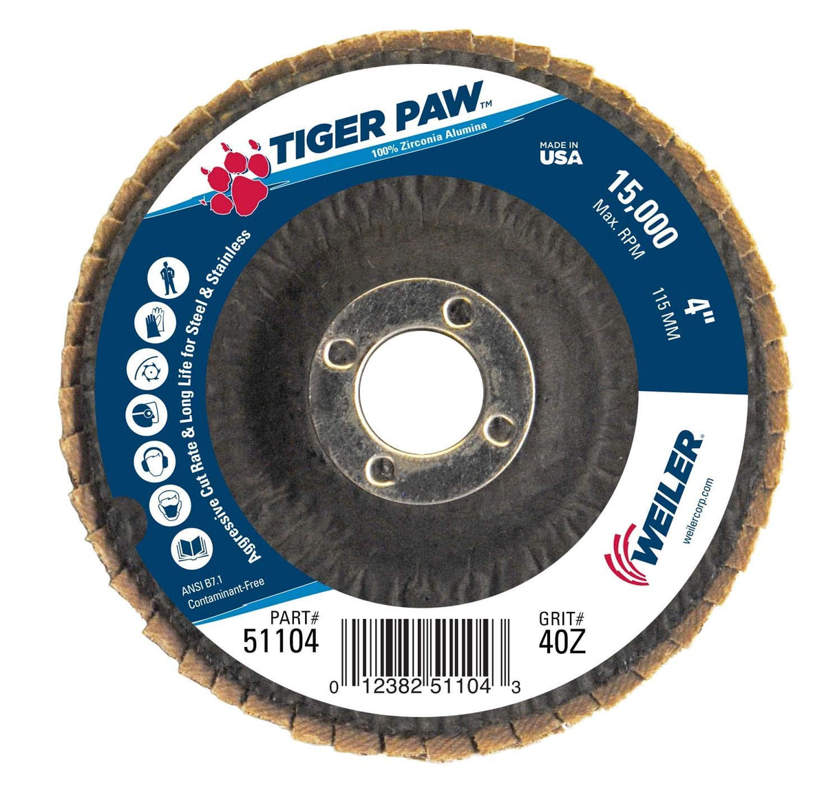 4 Tiger Paw Abrasive Flap Disc, Conical (Ty29), Phenolic Backing, 40Z, 5/8 Arbor Hole, Pack of 10 V3321