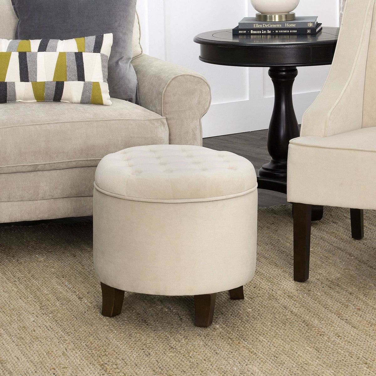 Eggshell Velvet Round Storage Ottoman P7864