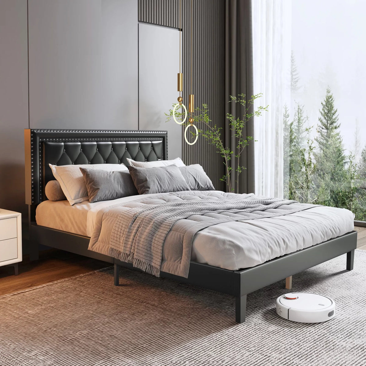 PU Leather Upholstered Platform Bed Frame Full/Queen Size Black D706916