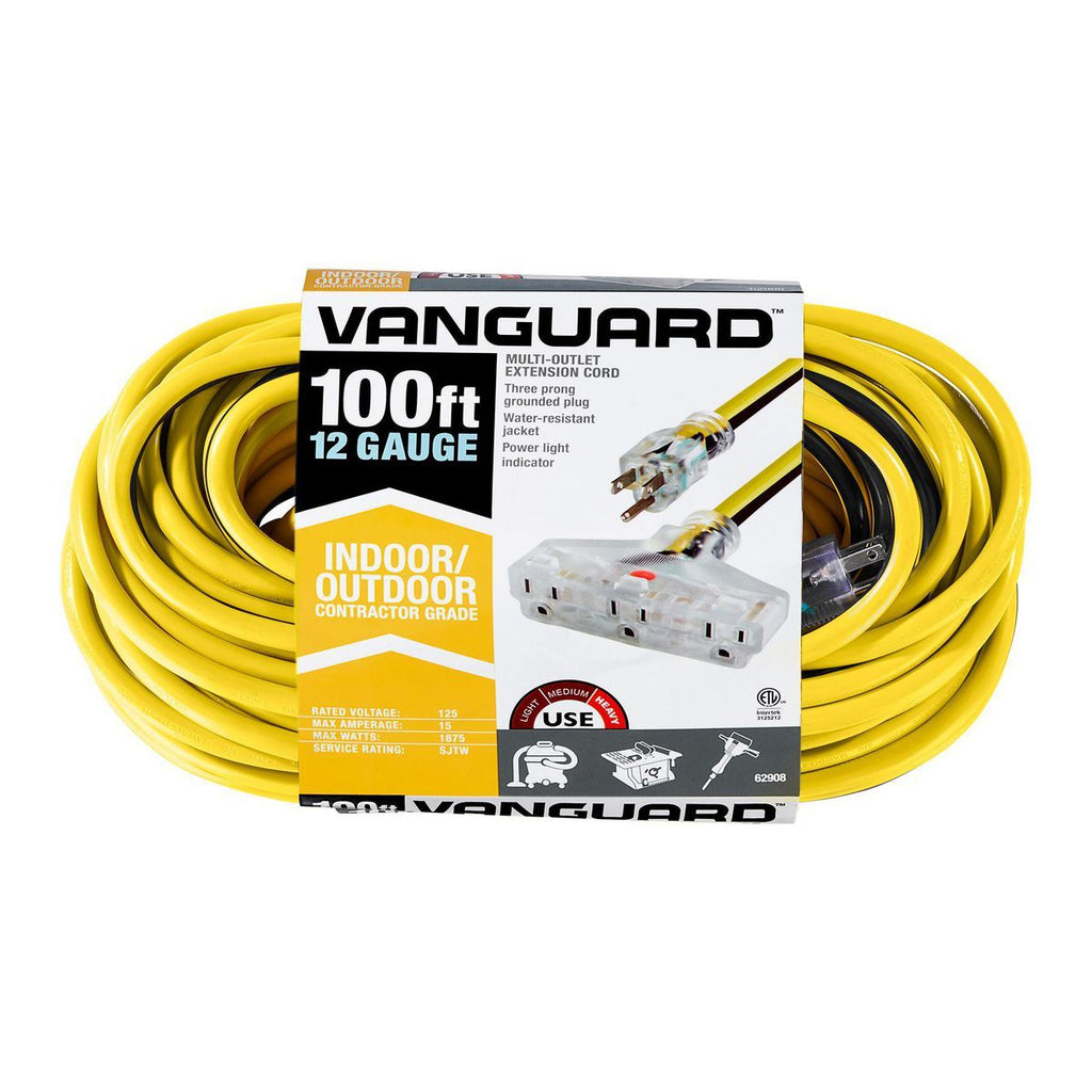 100 ft. 12/3 Gauge Multiple Outlet Extension Cord with Indicator Light, Yellow, Black T510