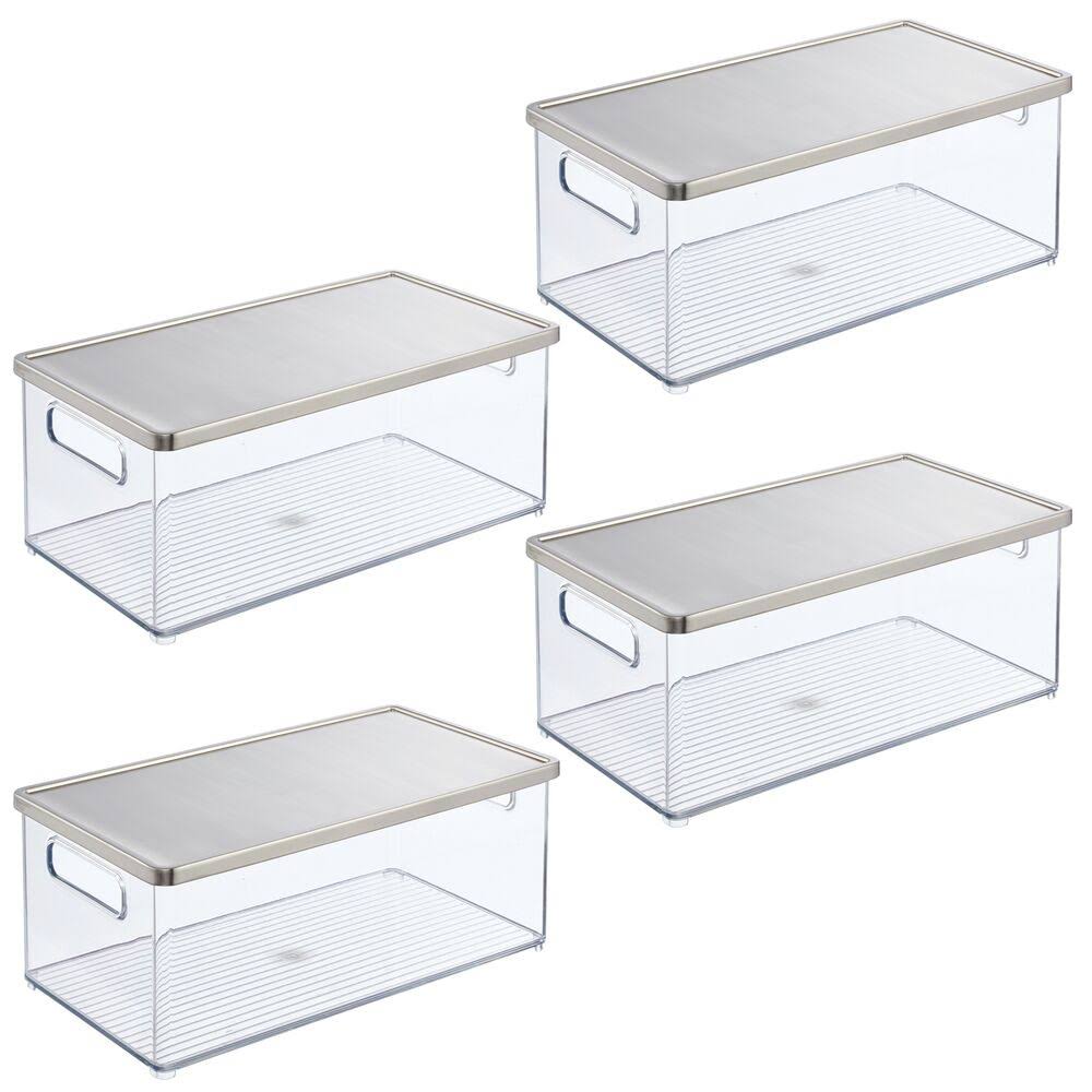 Storage Bin with Handles and Lid, 4 Pack, Clear/Steel R9958