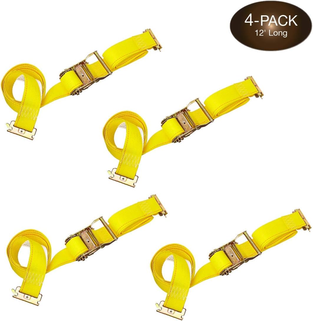 4 E-Track Ratcheting Straps Yellow Polyester Tie-Down Straps J7717