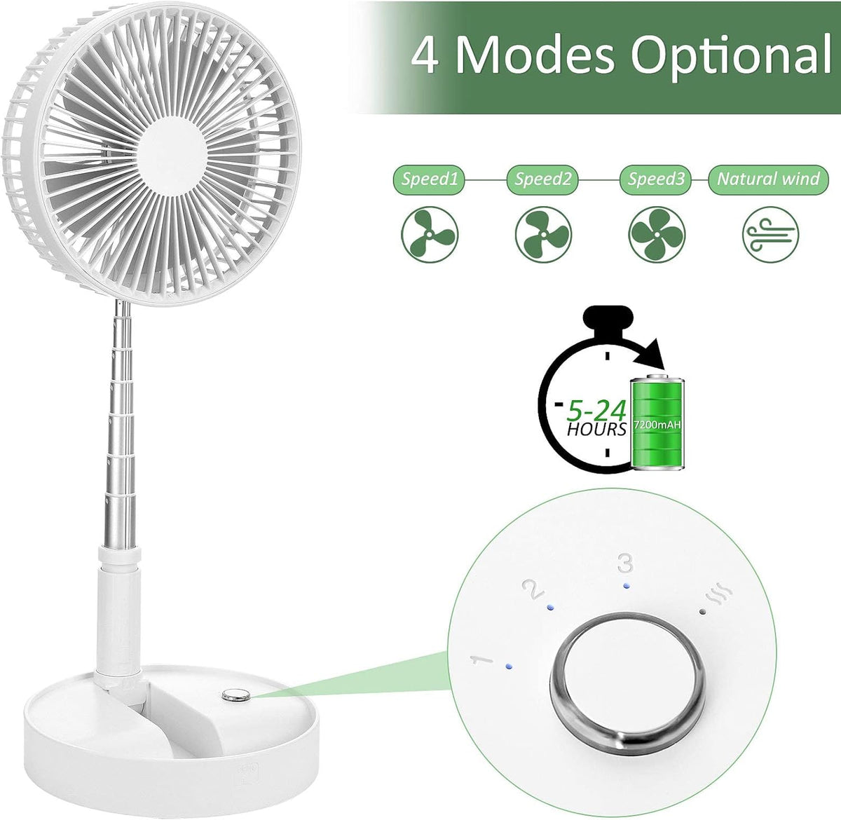 Portable Foldable Standing Fan with Remote, 7200mah USB Quiet Fan, White W5148