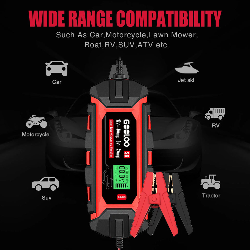 6A 6V 12V Smart Trickle Battery Charger Maintainer with LCD Display L434776