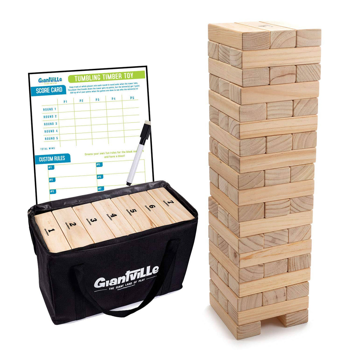 Wooden Blocks Floor Game, 56 Pieces, Pine Wood, Carry Bag Z13897