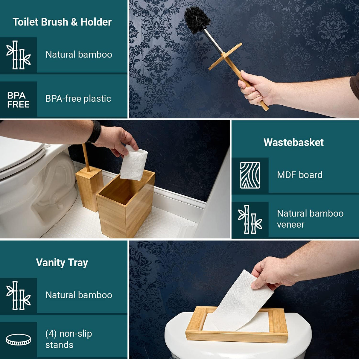 Bamboo Bathroom Trash Can 3 Piece Set A971