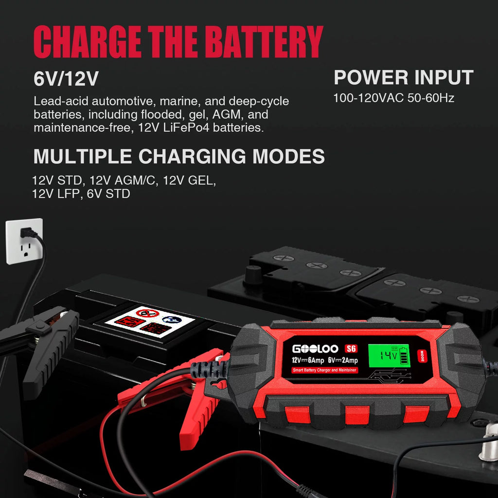 6A 6V 12V Smart Trickle Battery Charger Maintainer with LCD Display L434776