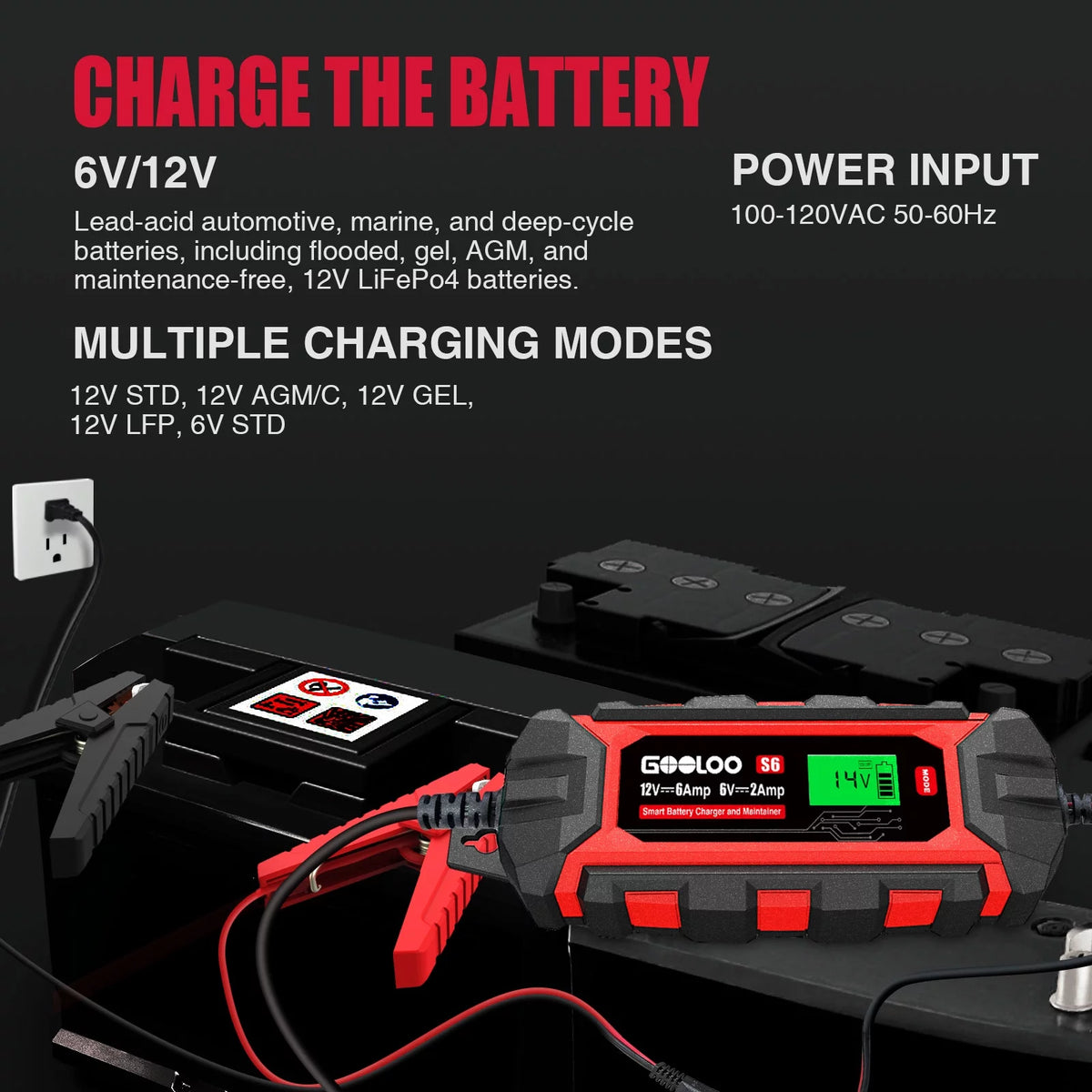 6A 6V 12V Smart Trickle Battery Charger Maintainer with LCD Display L434776