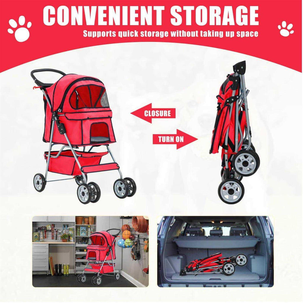 Foldable 4 Wheel Pet Dog Stroller with Storage Basket V65249
