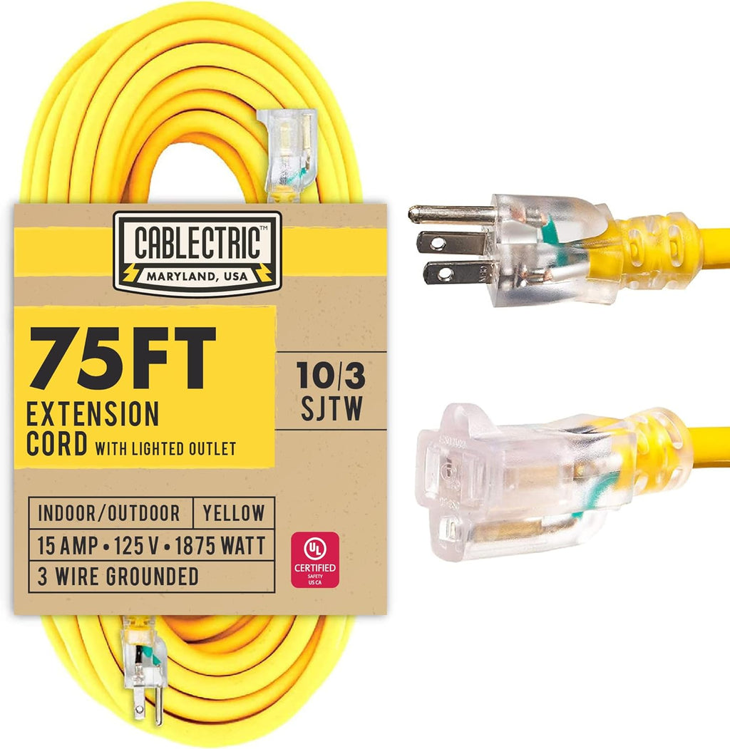75 Ft 10 Gauge Yellow Heavy Duty Extension Cord V1900