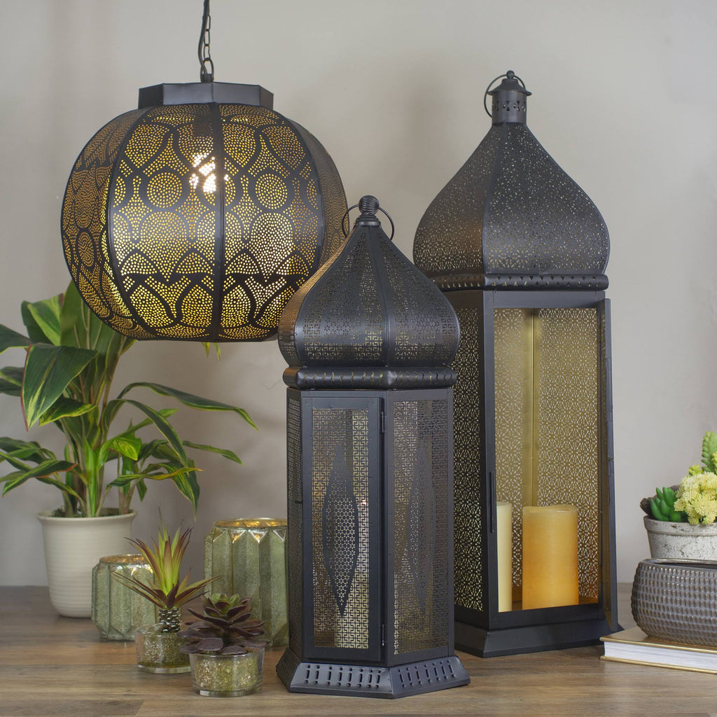 Black and Gold Cut-Out Pillar Candle Lantern C35744