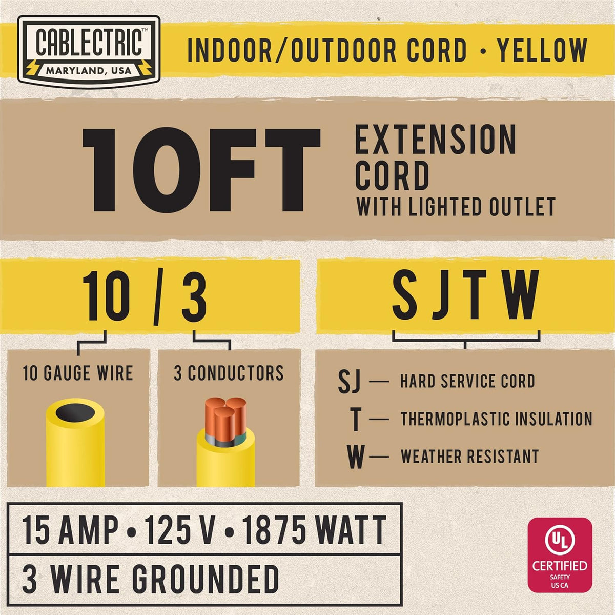 75 Ft 10 Gauge Yellow Heavy Duty Extension Cord V1900