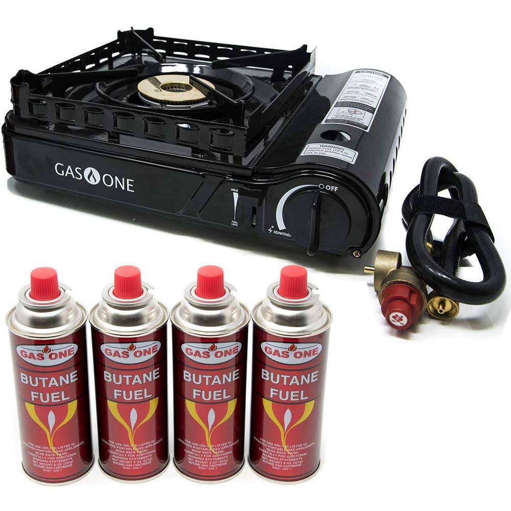 Duel Fuel Camp Stove and Butane Fuel 4-piece Bundle A6005