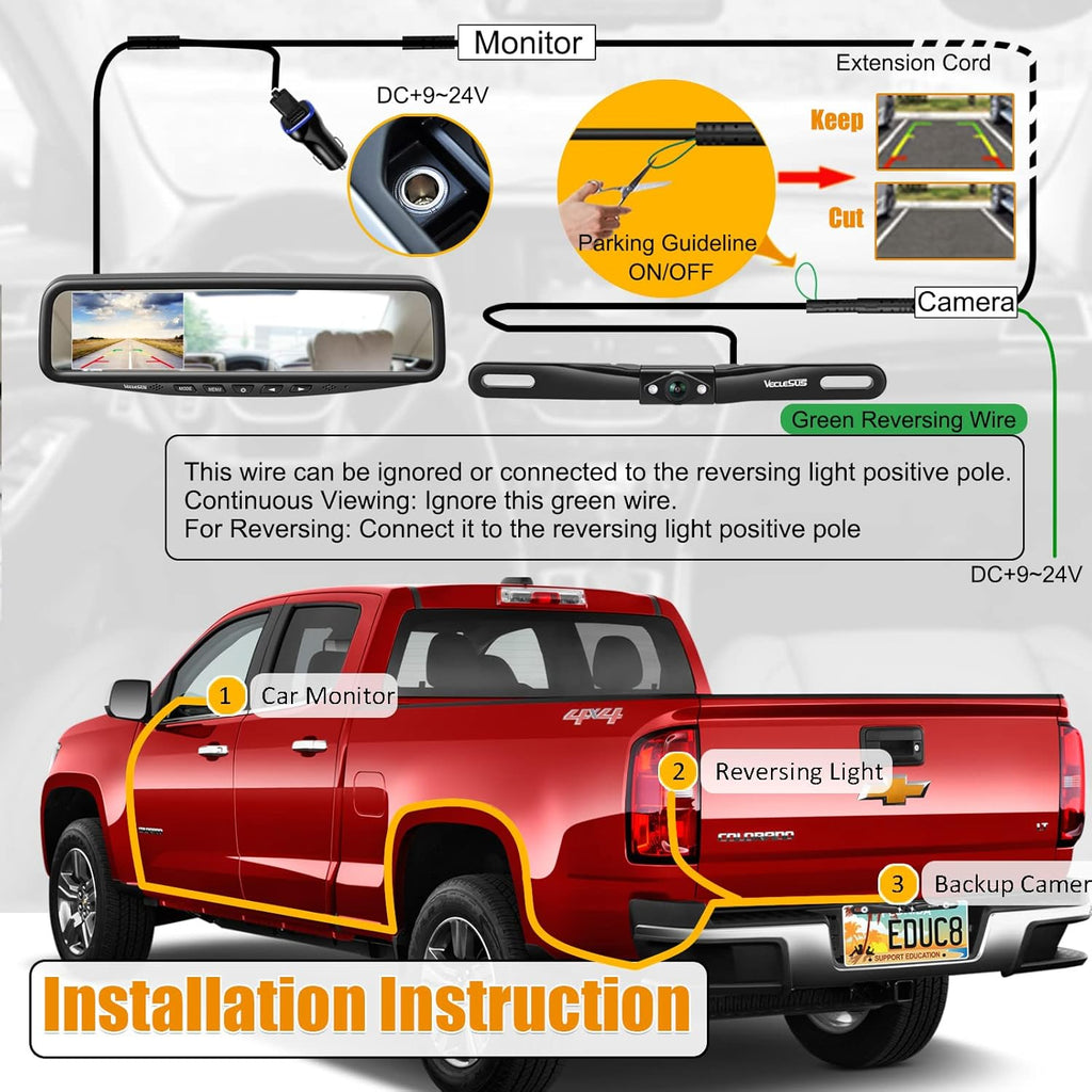 Wired Car Backup Camera Kit with 4.3 in Mirror Clip-on Monitor C117